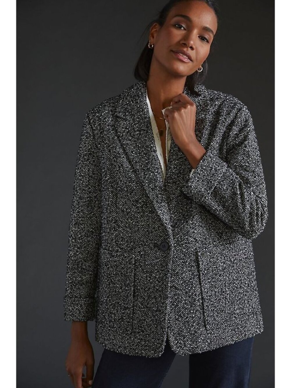Avec Les Filles Herringbone Tweed Relaxed Patch Pocket Blazer NWT $148,  Size M